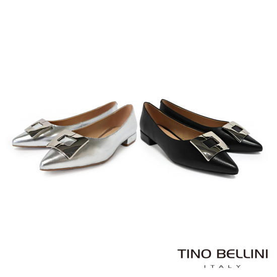 TINO BELLINI 貝里尼 進口羊皮尖頭金屬飾釦平底娃娃鞋FSCT020-1(黑色)