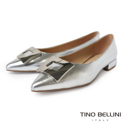 TINO BELLINI 貝里尼 進口羊皮尖頭金屬飾釦平底娃娃鞋FSCT020-D(銀色)