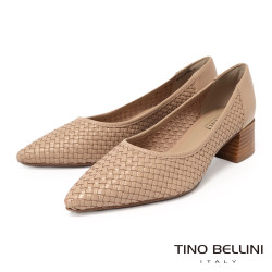 TINO BELLINI 貝里尼 巴西進口真皮尖頭經典編織低跟包鞋FSCV012-3(奶茶色)