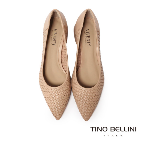 TINO BELLINI 貝里尼 巴西進口真皮尖頭經典編織低跟包鞋FSCV012-3(奶茶色)