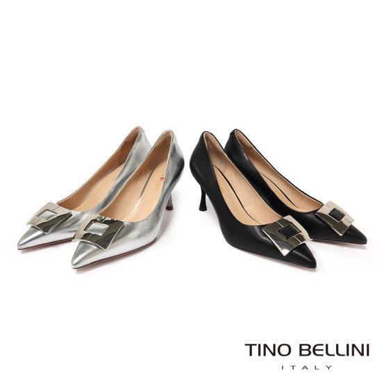 TINO BELLINI 貝里尼 進口羊皮尖頭金屬飾釦細跟高跟鞋FSET011-1(黑色)