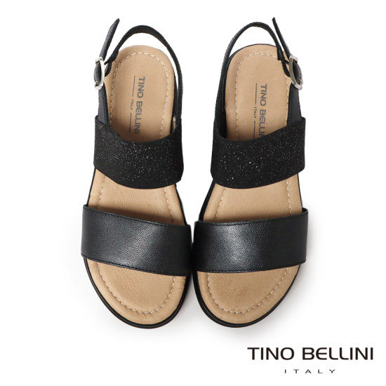 TINO BELLINI 貝里尼 經典進口真皮一字露趾亮粉寛版厚底涼鞋FSNT025-1(黑色)