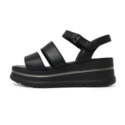 TINO BELLINI 貝里尼 時尚簡約進口真皮寛版魔鬼氈厚底涼鞋FSOT027-1(黑色)