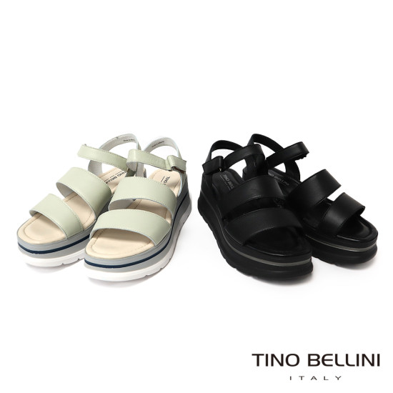 TINO BELLINI 貝里尼 時尚簡約進口真皮寛版魔鬼氈厚底涼鞋FSOT027-E(灰色)