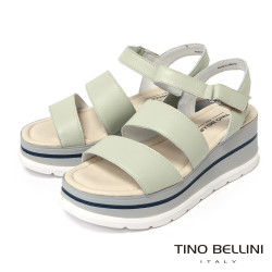 TINO BELLINI 貝里尼 時尚簡約進口真皮寛版魔鬼氈厚底涼鞋FSOT027-E(灰色)