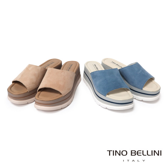 TINO BELLINI 貝里尼 進口真皮簡約一字寬帶厚底涼拖鞋FSVT010-4(藍色)