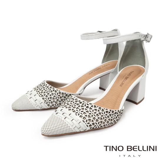 TINO BELLINI 貝里尼 巴西進口典雅線條結合雕花紋路透氣中空牛皮後繫粗跟鞋FSYT001-0(白色)