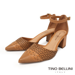 TINO BELLINI 貝里尼 巴西進口典雅線條結合雕花紋路透氣中空牛皮後繫粗跟鞋FSYT001-9(駝色)