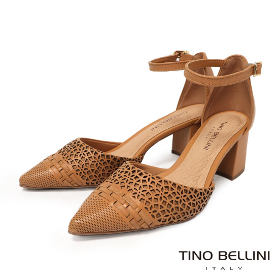TINO BELLINI 貝里尼 巴西進口典雅線條結合雕花紋路透氣中空牛皮後繫粗跟鞋FSYT001-9(駝色)
