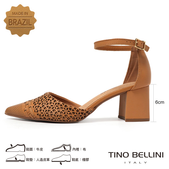 TINO BELLINI 貝里尼 巴西進口典雅線條結合雕花紋路透氣中空牛皮後繫粗跟鞋FSYT001-9(駝色)