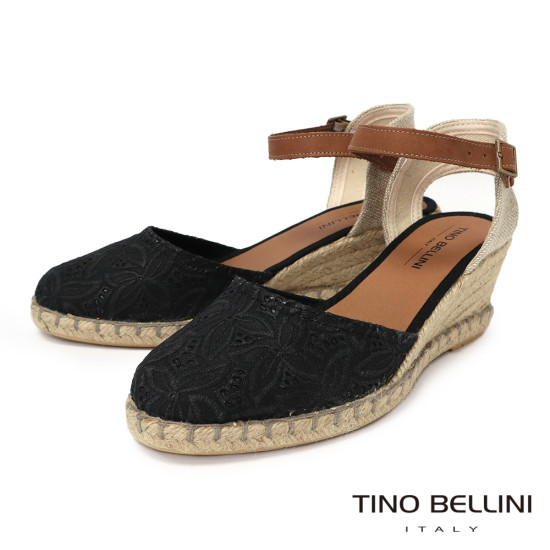 【TINO BELLINI 貝里尼】西班牙進口 歐美復古 繫踝麻編楔型 涼鞋 FS4T001A-1(黑)