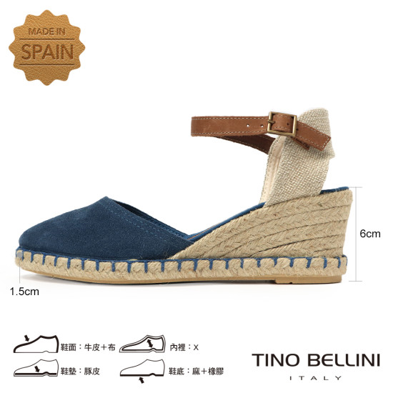 【TINO BELLINI 貝里尼】西班牙進口 蔚藍海岸 繫踝麻編楔型 涼鞋 FS5V001A-4(藍)