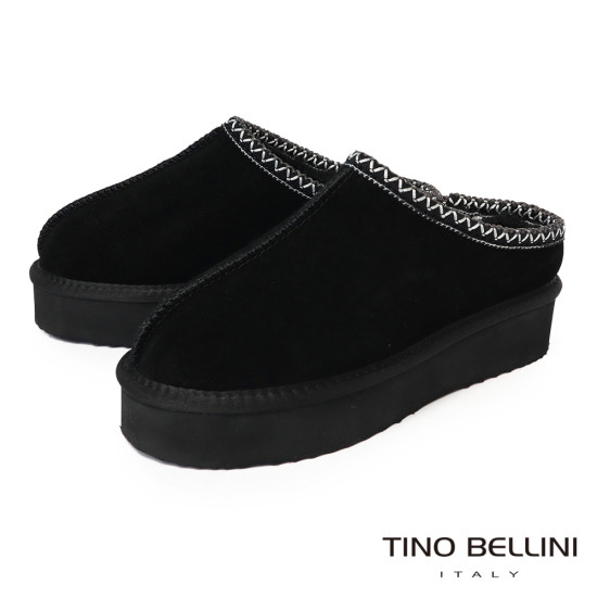 【TINO BELLINI 貝里尼】經典造型 百搭 素面 厚底 羊毛 雪靴 拖鞋FWLT004-1(黑色)