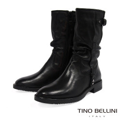 TINO BELLINI 貝里尼 歐洲進口 簡約時尚真皮抓皺中筒靴FWTO002D-B1