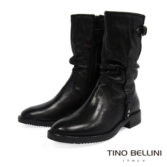 TINO BELLINI 貝里尼 歐洲進口 簡約時尚真皮抓皺中筒靴FWTO002D-B1